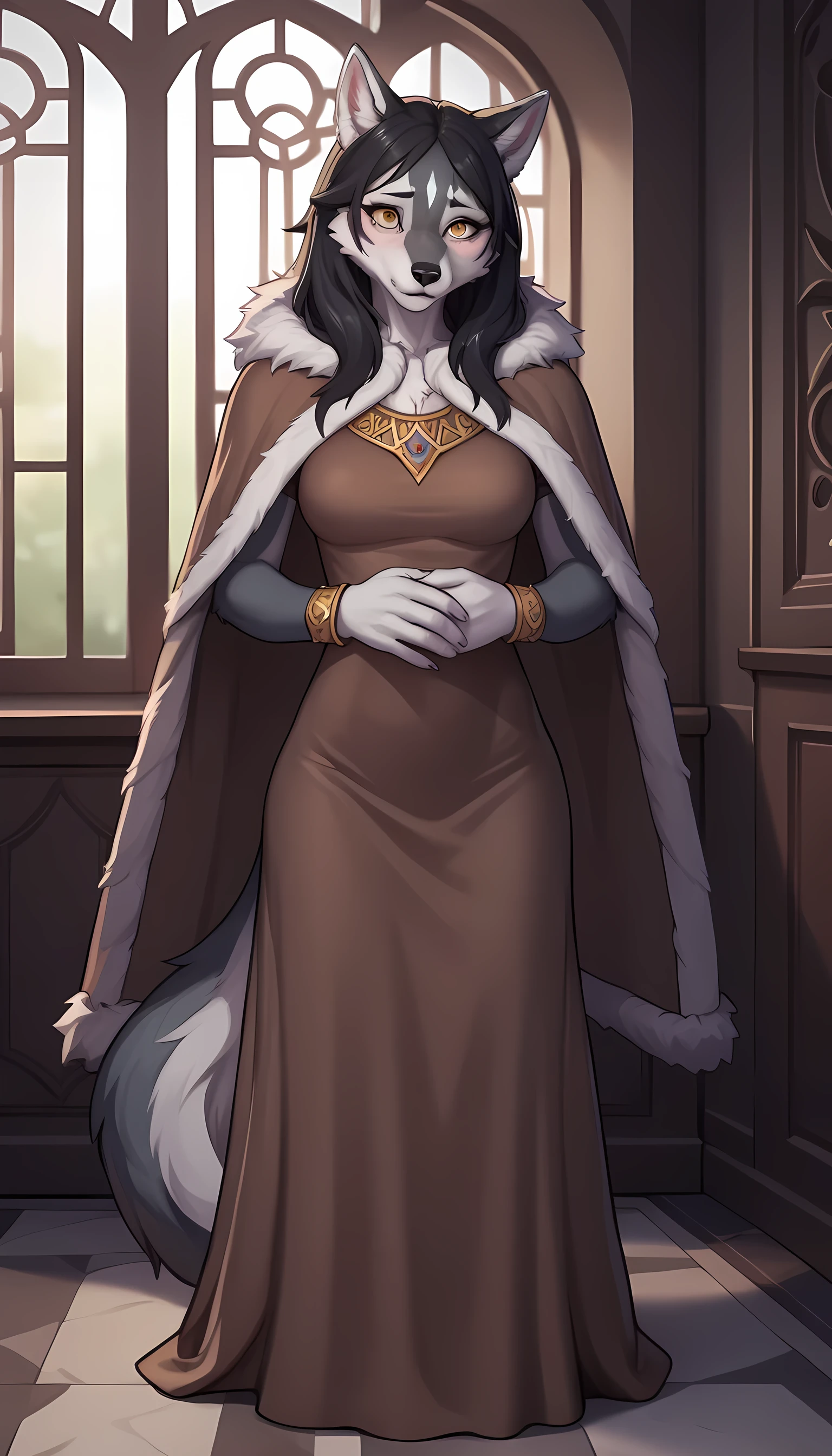 (zPDXL2), (PonyXLV6_Scores), source_anime, source_anthro, source_furry, rating_explicit, Expressiveh, full body, asymmetric image, BREAK
lhata4564, female, solo, furry, anthro, princes of nordic King, (young, 18 years old, medium breasts, wolf girl, fur body, fluffy tail, slim figure, detailed body, grey fur), (shy expression), (long straight black hair), (royal nordic brown dress with white fur mantle:1.3), (golden eyes, cute eyes, detailed eyes), (wolf ears, ears jewelry, accessories), colored image, royal Lord hallbackground