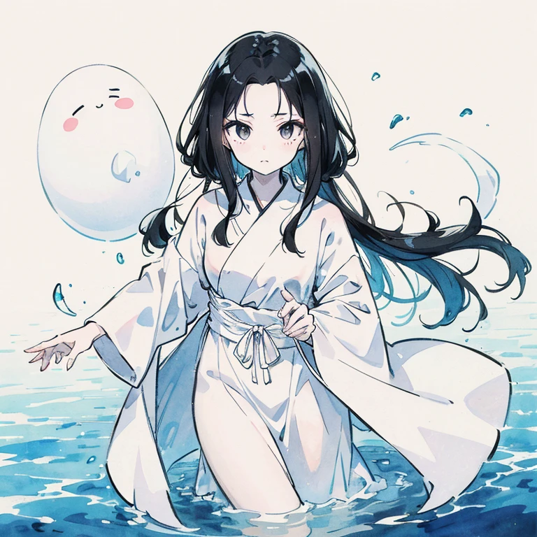 Girl, anime, ghost girl, white robe, cute, pale skin, black fluffy hair, bangs showing forehead, black eyes, monochrome, water colour, slim