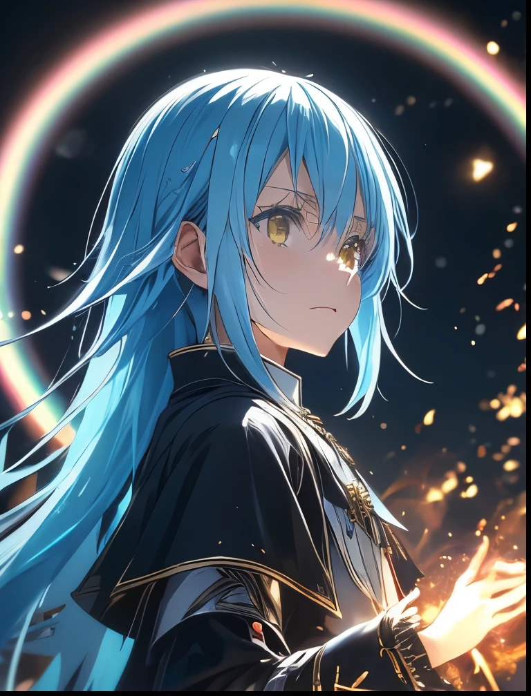 (((SFW、Precision、Highest quality、A first-class masterpiece、Normal body、8k、 Detailed Face 、Ultra-precision、 Normal hand、5refer to、Highest)))、-That Time I Got Reincarnated as a Slime-、Rimuru Tempest、Blue and silver hair、Wears dark, rainbow-colored magical light、Stick your hands forward and release black flames from your palm
