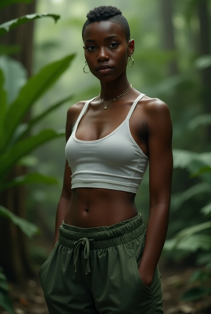 young black woman, short black military buzz cut, dark and well tanned skin, hoop earringswearing a see through white crop top aandyoga pants, in the background an enchanted mystical forrest