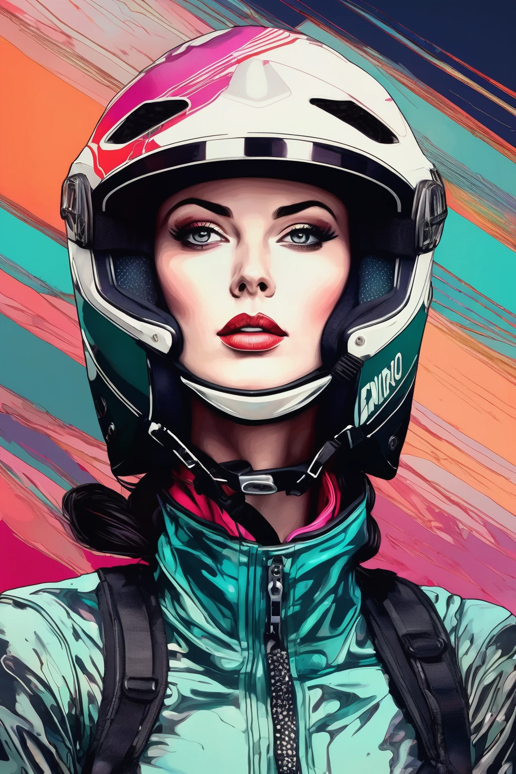 enduro woman wearing helmet motocross chiaroscuro technique on illustration of an elegant woman, vintage , eerie, matte painting, by Hannah Dale, by Harumi Hironaka, extremely soft colors, vibrant, highly detailed, digital artwork, high contrast, dramatic, refined, tonal, revealing underlayers, abstract landscape wearing an enduro helmet with bright colors full body 
