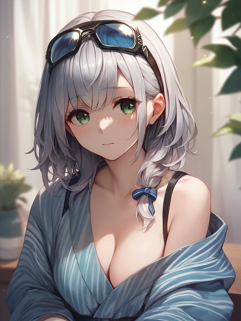  silver hair short、Beauty、 Shirogane Noel、 black headband on head、Blue yukata