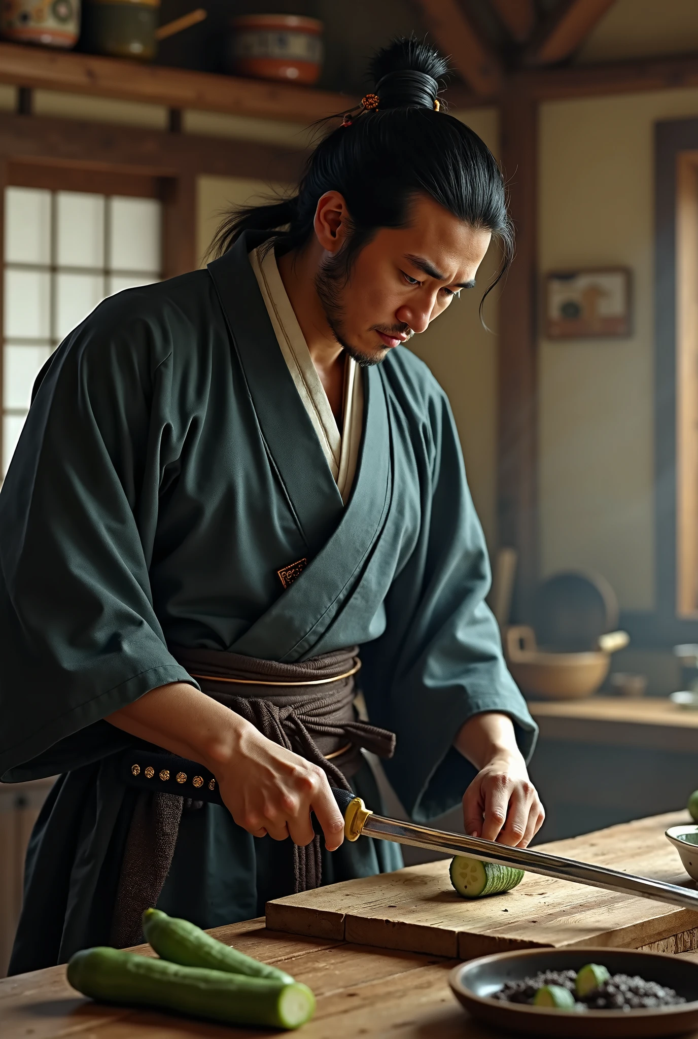 japanese kitchen, side view, samurai, holding katana in right hand, left hand pressing cucumber on cutting board, cucumber sliced into halves, katana reflecting light, shiny blade, intense focus, traditional japanese attire, kitchen utensils in background, realistic textures, humorous yet intense atmosphere, precise cutting action