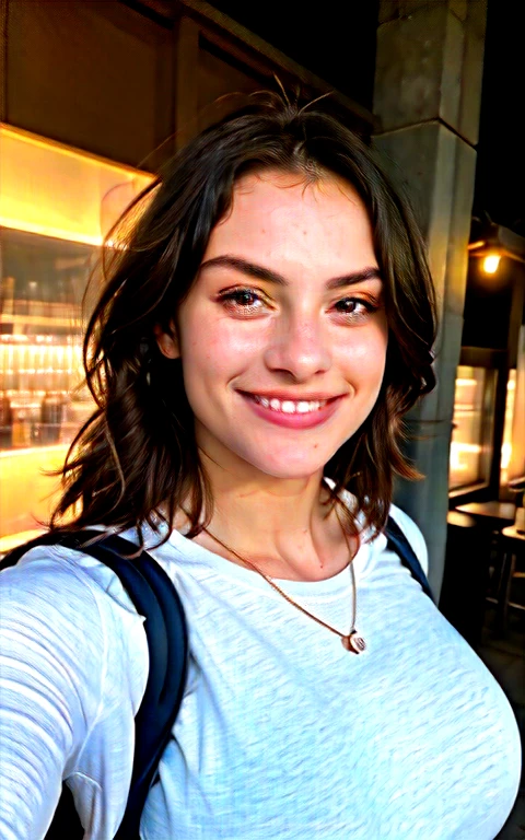 Instagram-Foto, 21 year old French woman, kurzes Haar, schwarzes Haar, Dekollete, blass, harte Schatten, lacht, White teeth, Happy, Balkon, authentisches lachen, open mouth while laughing, hard strands of hair