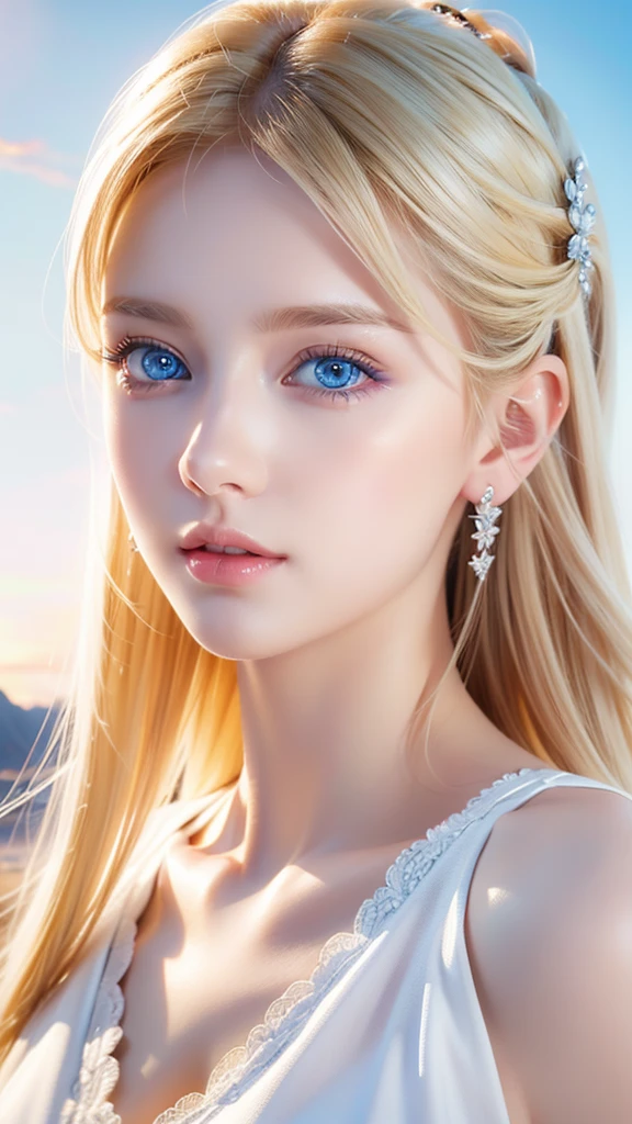 very white very beautiful beautiful beautiful blonde girl 、 mastepiece,  best quality , Illustration, Super detailed,  fine details ,  high resolution on down,  8K wallpaper,  perfect dynamic composition ,  beautiful detailed very bright vivid bright vivid iris beautiful bright bright sky blue eyes、Women&#39;s Fashion Summer, super long platinum blonde hair 、目と bangs between eyes、,Big Breasts、 natural color lip,  bold sexy poses in the classroom at the school you attend, Ha-Knee Smile ,Cute、Beautiful first 々 20 year old girl with an innocent young face 、Small Face Girl、 sexy shot looking at the camera 、 Cheek highlights 、 bangs between eyes、Hair in the eyes, Too much hair, hide one eye hair, Round face