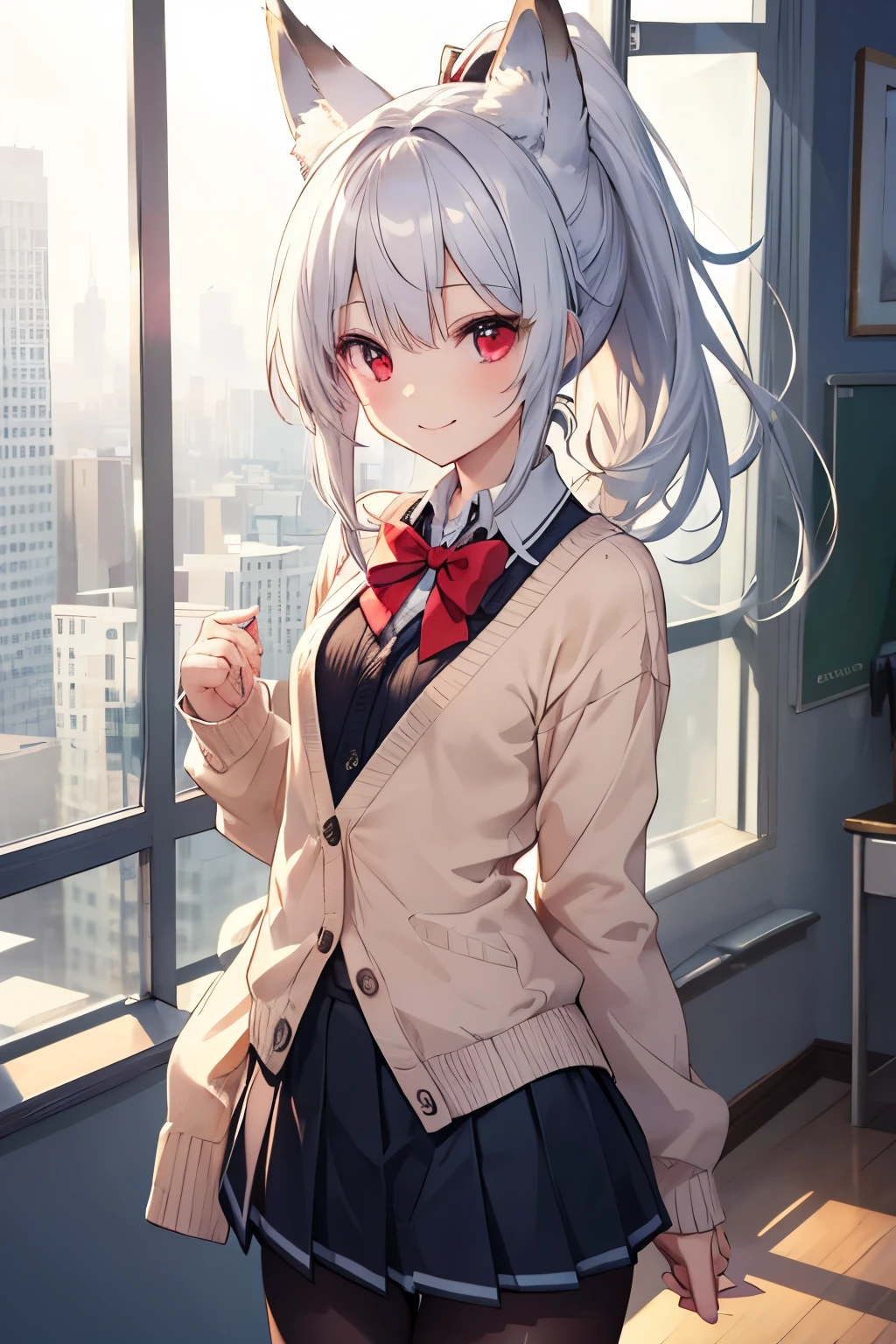  silver hair、 red eyes、 fox ears、 girl、Small breasts、 ponytail、 girl、Small breasts、Bright smile、Good physique 、Flat-chested girl、 he's short、super cute school uniform 、 knitted cardigan、 black tights、Miniskirt、Absolute territory