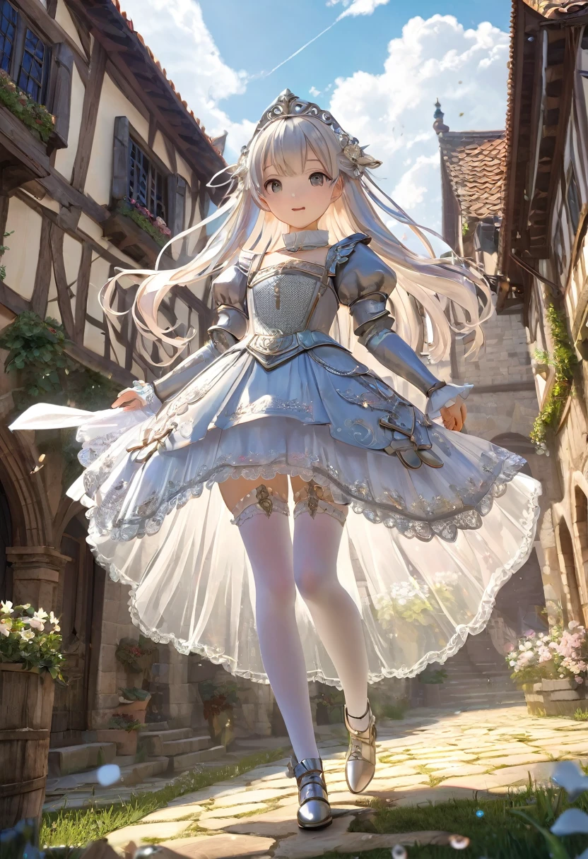 (  Highly Detailed CG Octane Rendering 8k Wallpaper ),  World's Most Beautiful Artwork ,  full body shot seen from below , Complex,  high detail, ８ year old girls, pearl embroidery,  Medieval Long Gauze Dress （With panniers）, Crystal Clear Fabric,  raise my skirt , Strong winds, Transparent slip, Translucent Tights , Peeking from below, Best Quality, Disarray of clothing,  lies down, underwear,  show off your thighs, Knight , Skirt lining, Bloomers、Pearl Armor 
