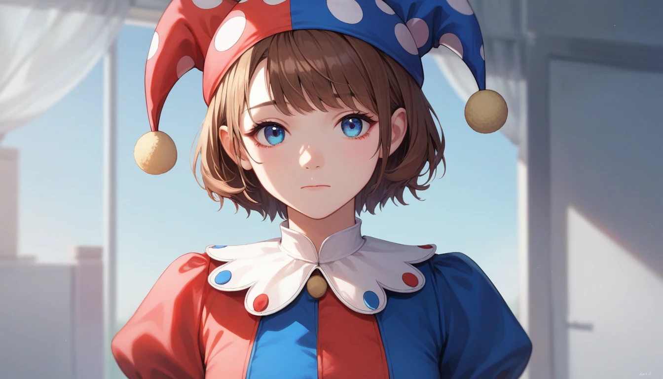 masterpiece, best quality, highly detailed, score_9, score_8_up, score_7_up, score_6_up, BREAK
remember , 1girl, One, Jester's cap, has,  looking at the viewer , closed mouth, puffy sleeves,  short sleeves , brown hair, puffy  short sleeves , upper body,  Short hair,  blue eyes, bang, she lives in a storage room