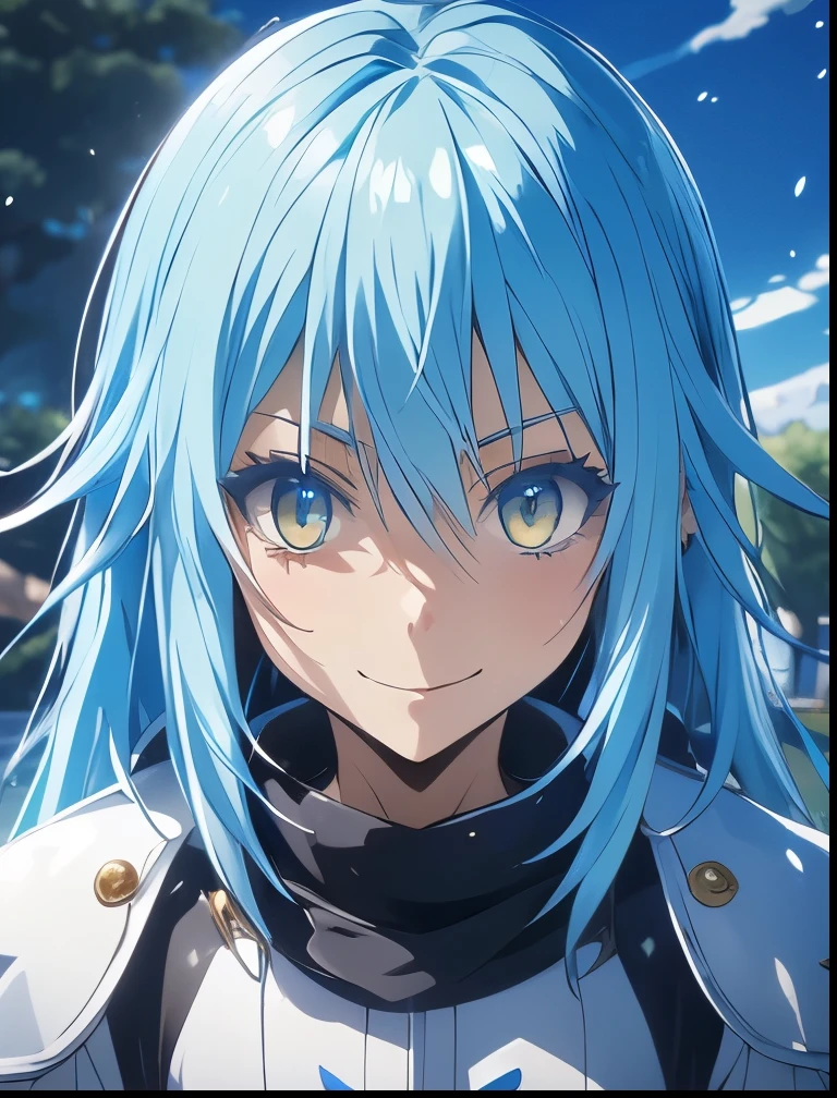 （（（ＳＦＷ、Precision、Highest quality、A first-class masterpiece、Normal body、8k、  Detailed Face 、Ultra-precision、 Normal hand、５refer to、Highest）））、-That Time I Got Reincarnated as a Slime-、Rimuru Tempest、Blue and silver hair、Golden Eyes、smile