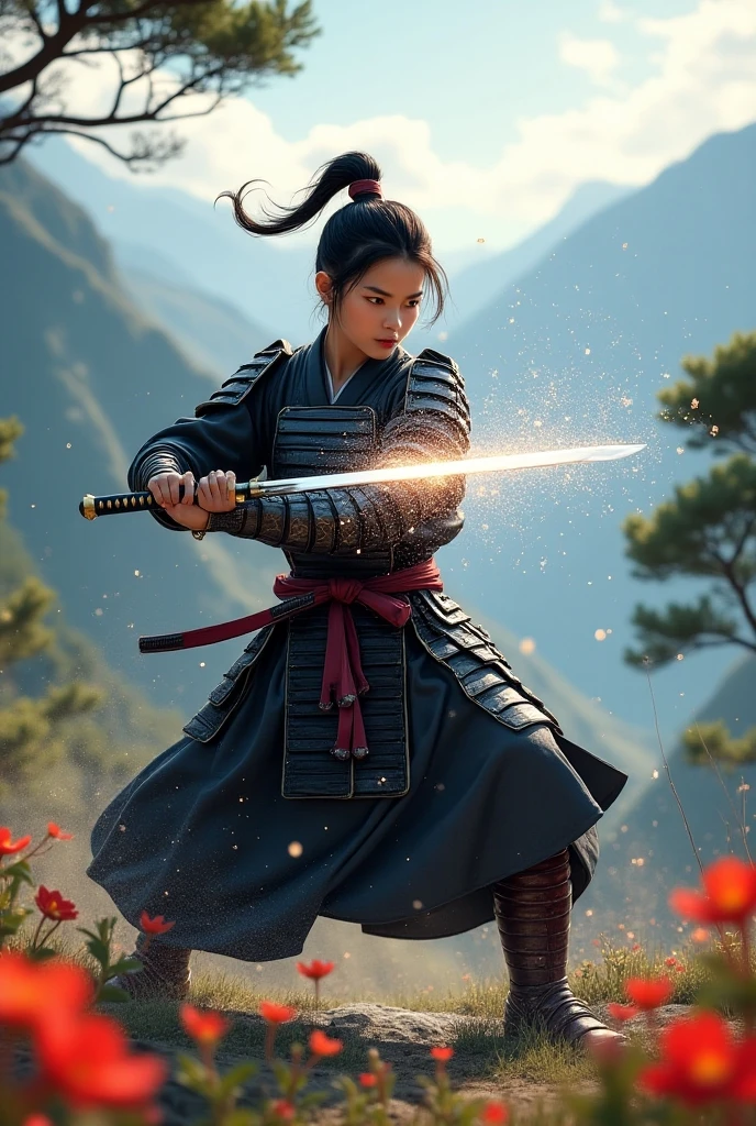 high quality photo: (Samurai girl,in Japanese armor, slashes with sword(katana, Japanese samurai sword) at drop of water ,)blade cuts it in two, parts of the drop fly in all directions,sun rays sparkle on them, on mountain clearing, against the background of Japanese mountains,photoreliance , beautiful nature,flowers,crooked mountain pines,Focus on a drop of water ,