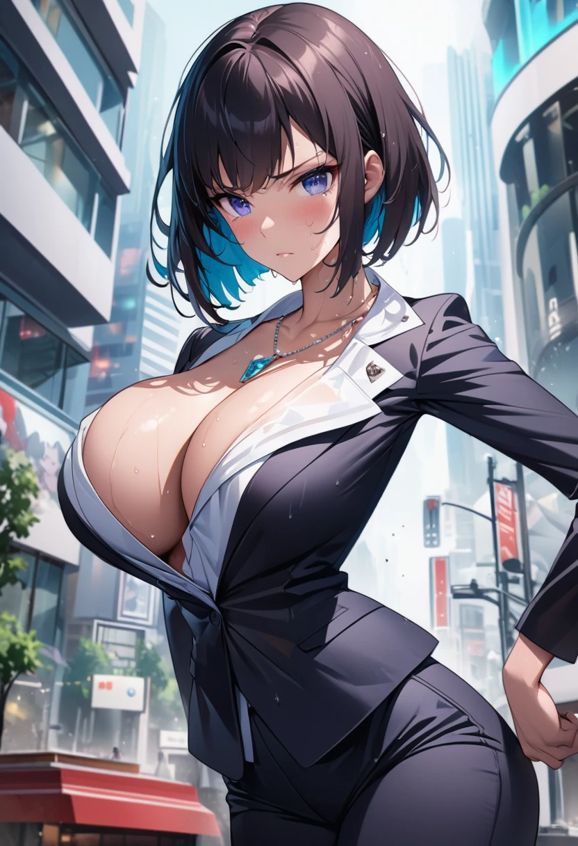 Beautiful girl 、Age 30、Best Quality、Ultra-precision、Detailed drawing、Office District、 acrobatic leap for the camera、Sharpness、 business suit 、slender slacks、Close to the body、Beautiful big boobs、 bob cut、Vivid colors、 serious look、Slender figure、 Diamond Necklace 、Accurate depiction、 CG illustration、、Wet with sweat、
