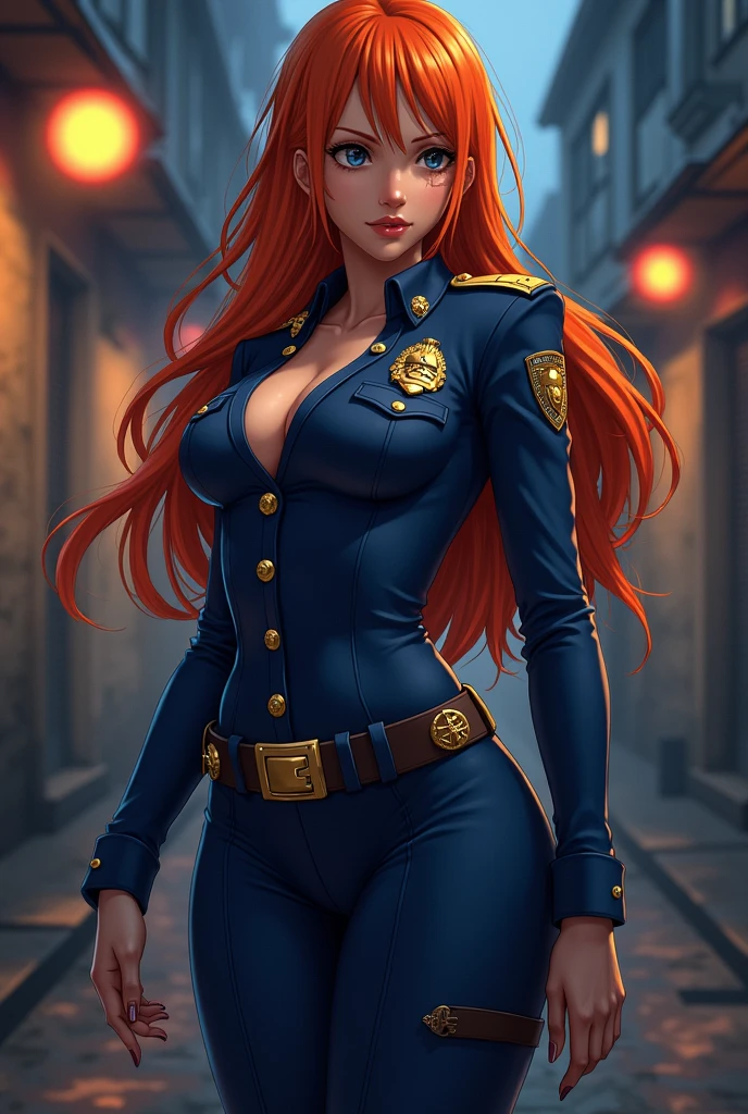 a woman with red eyes, big breasts, tied red hair, blue police uniform with a gun in her hand and on the background of guns, handcuffs and poker, HD anime style
