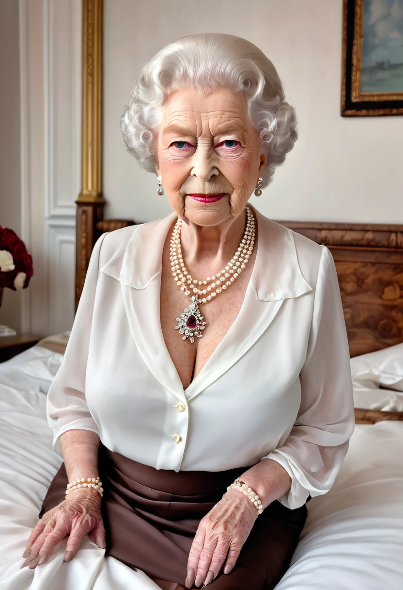 (gorgeous queen elizabeth 80yo:1.3), (huge saggy breast:1.3), (look at viewer:1.4), sitting on a bed, (sensual expression:1.4), (covered in cum:1.5), (((chiffon white shirt with a deep collar necklane))), brown skirt, lipsticks, Pearl Necklace