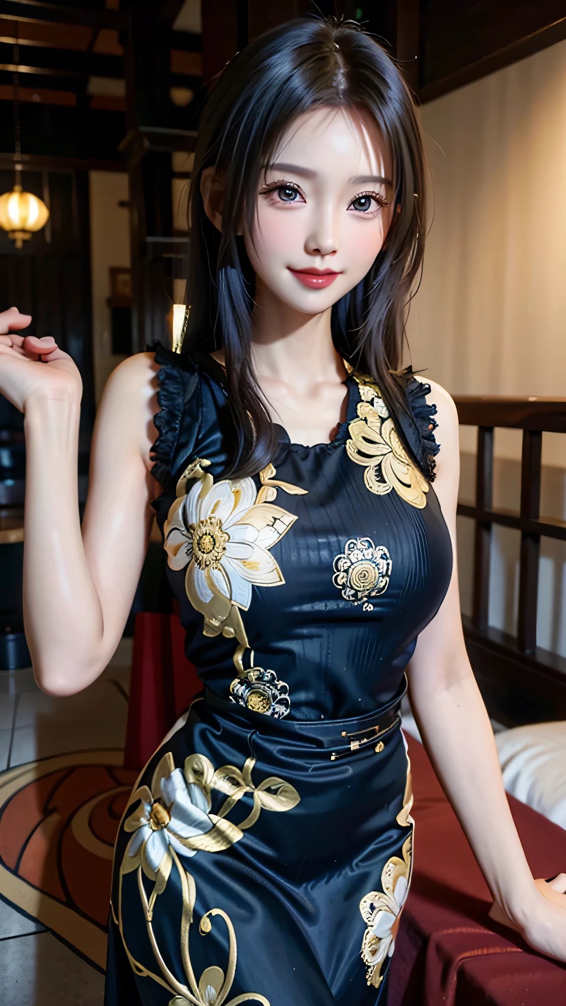 Asian girl, beauty face, smile face, Javanese Batik dress, village, single,sexy pose