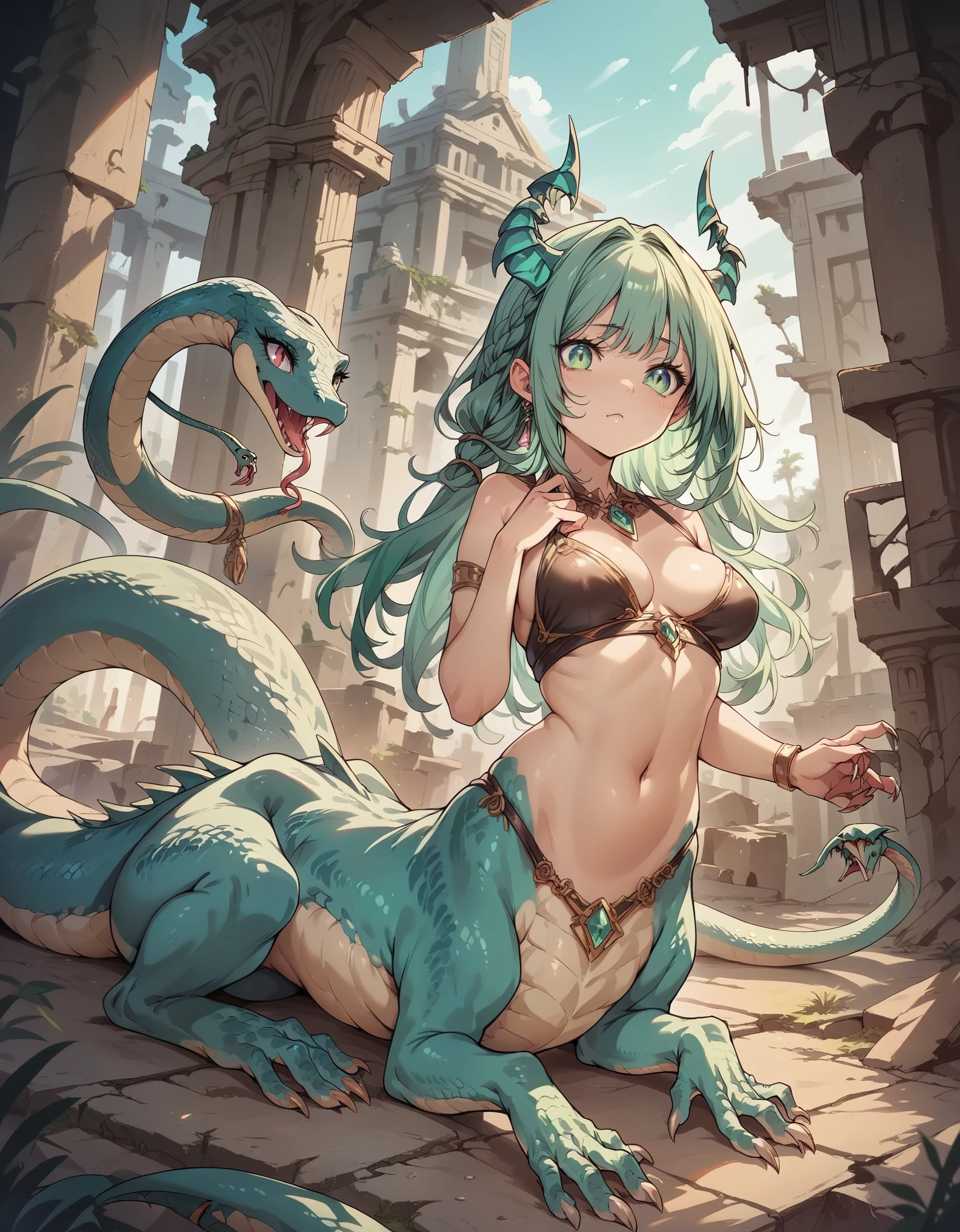 Centaur-style girl. Dragon-shaped. Reptile. Sharp claws. Sharp bangs. Mint green hair. Scales on the cheeks. Breasts perky. Lie down. Scorpion tail. Thick tail. Snake from the shoulder. Two snakes. Ruins. Temple.