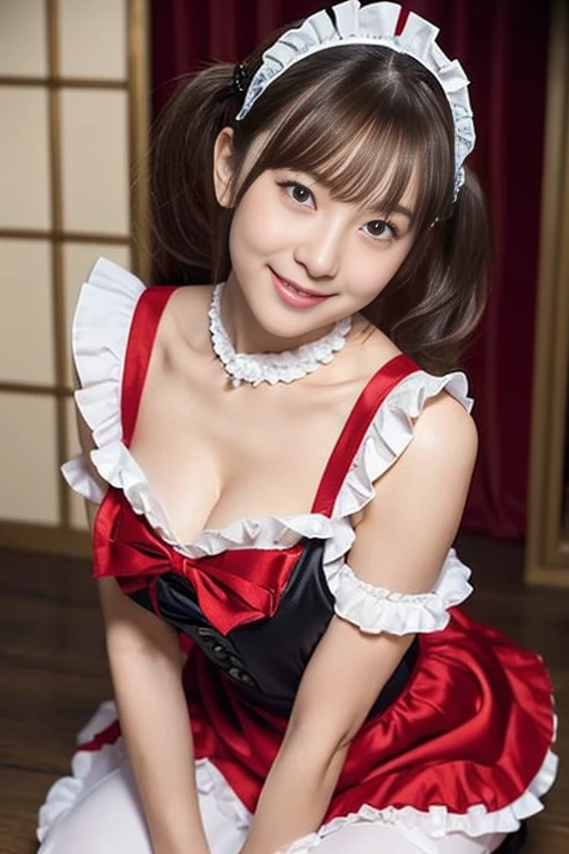 With bangs、 sexy woman、smile、(Big Breasts)、Portrait Lighting、(High-class maid、 Maid Clothes Cafe 、 Red and Black Maid Clothes 、Frill apron、 Headdress、White collar)、 ocean、(( clevis))、、 masterpiece with attention to detail on the face and eyes、Best Quality、Gal、、 Sexy Poses, Gal、 Put Your Chest Between Your Arms 、V List 、Chest to Chest、Firm chest、 Put Your Hands on Your Knees 、 Twin Tails、( lean forward)、 beautiful silk blonde hair 、 cute face、Emphasize