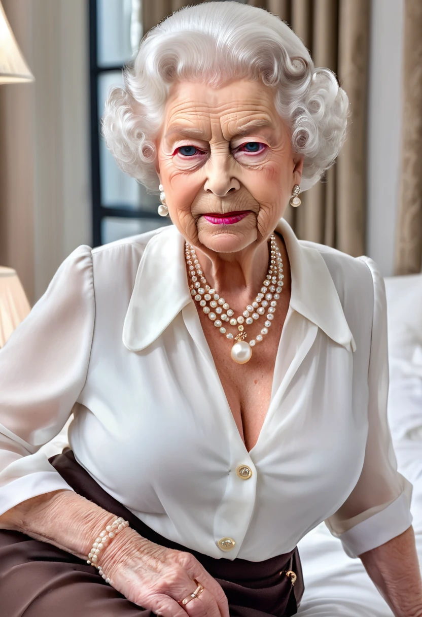 (gorgeous queen elizabeth 80yo:1.3), (huge saggy breast:1.3), (look at viewer:1.4), sitting on a bed, (sensual expression:1.4), (covered in cum on breasts:1.5), (((chiffon white shirt with a deep collar necklane))), brown skirt, lipsticks, Pearl Necklace