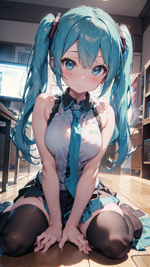 (((masterpiece、Ultra high definition、view from forward)))、Hatsune Miku、(((solo))), light blue hair、Twin tails、beautifil big blue eyes、Long eyelashes、shy 、blushing、sweating、Very beautiful appearance、Big tits、sexy body、Fair skin、(((Sitting on the floor,Spread legs,Place both hands on the floor)))、Late Night、Dark Room、PC、monitor、Keyboard、Tabletop Speakers、Backlight、Depth of written boundary