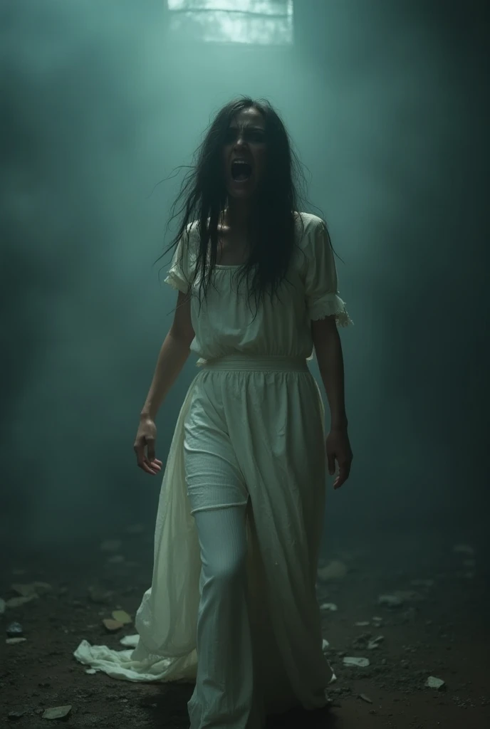 wide shot camera angle. she is flying high in the air at the old road, a scary, eerie, bloody zombie dark face of a Malay woman, very extreme long hair ((20 feet long)) covered face, she screaming, open her mouth out loud. looking at the camera, creepy face. pale skin, long white slubby dress, torn, dirty. windy waving cloth and hair Background of gloomy dark night in the lonely old streets in the middle of a jungle. no light. dramatic sky. cinematic shots. horror film still. masterpiece, hyper realistic.