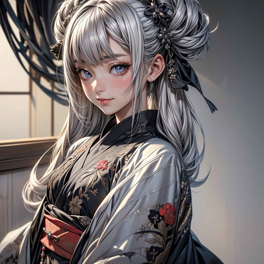 Absurd,anime,Detailed and beautiful eyes,(ArtStyle),（kimono:1.5）,Silver　hair,(a girl:1.5),(small breasts:1.2),dark FANTASY,(look away:1.5),masterpiece, moe kawaii,64k,Overlooking, whole body,abstract,  decorative art,  Minimalist ,  seductive smile, Pensive,  inner color