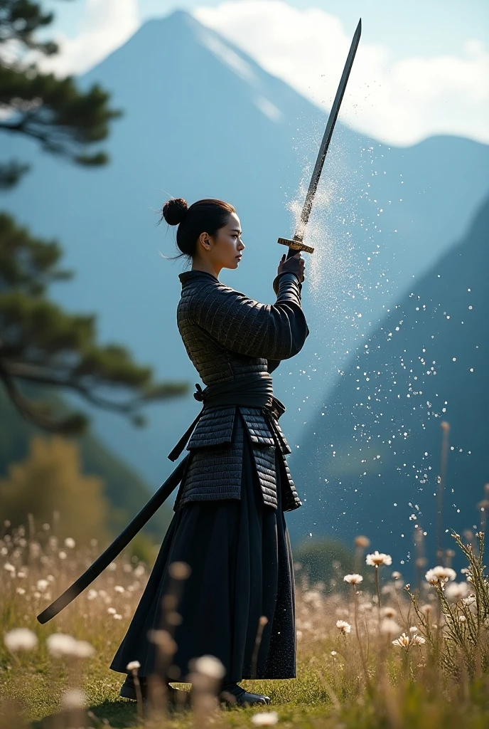 high quality photo: (Samurai girl,in Japanese armor, slashes with sword(katana, Japanese samurai sword) at drop of water ,)blade cuts it in two, parts of the drop fly in all directions,sun rays sparkle on them, on mountain clearing, against the background of Japanese mountains,photoreliance , beautiful nature,flowers,crooked mountain pines,Focus on a drop of water ,