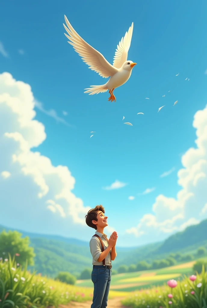 In cinematic 3d cartoon styl"**The Bird Returns to the Sky**:  
   Once the bird heals, the scene changes to the farmer standing outside, watching the bird fly up into the sky. The bird looks healthy now, soaring above the fields as the farmer watches with a grateful smile.
