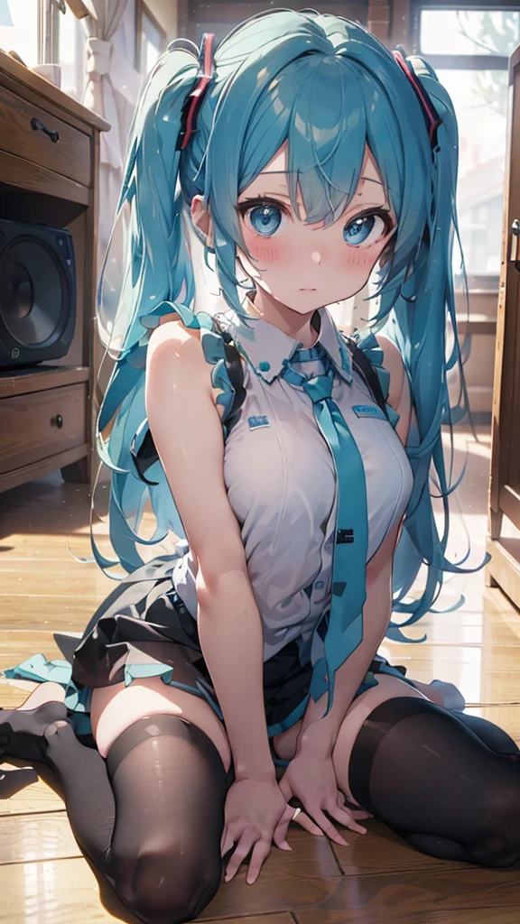 (((masterpiece、Ultra high definition、view from forward)))、Hatsune Miku、(((solo))), light blue hair、Twin tails、beautifil big blue eyes、Long eyelashes、shy 、blushing、sweating、Very beautiful appearance、Big tits、sexy body、Fair skin、(((Sitting on the floor,Spread legs,Place both hands on the floor)))、Late Night、Dark Room、PC、monitor、Keyboard、Tabletop Speakers、Backlight、Depth of written boundary