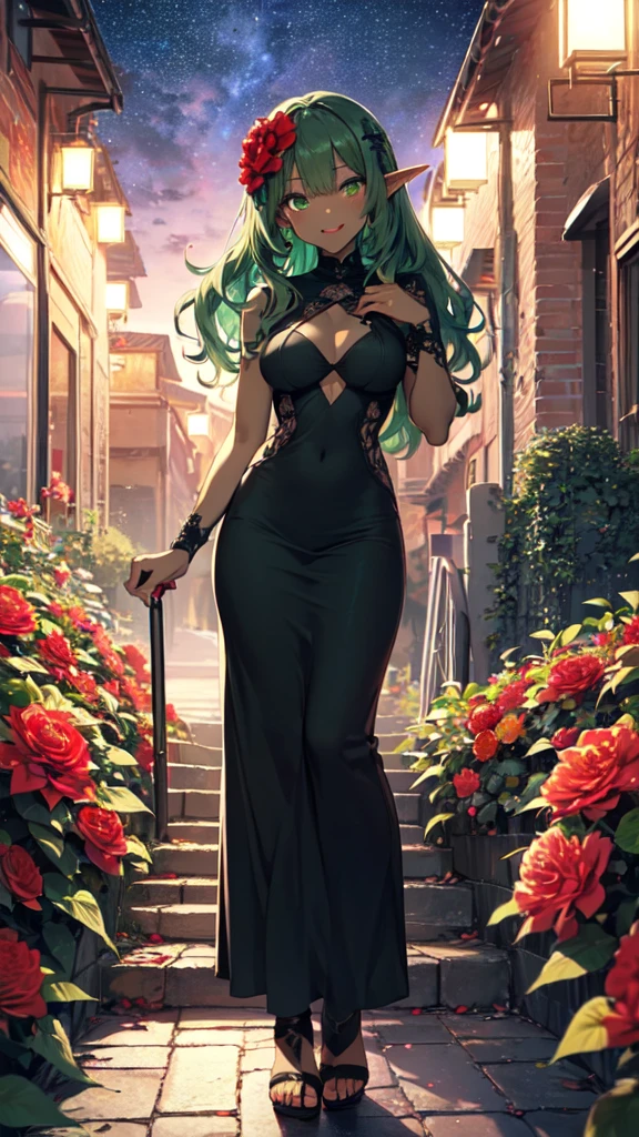 ((best quality)), ((8k)), beautiful woman, ((african skin)), green hair, long hair, black gothic clothes, ((corridor)), green lipstick, black choker, green eyes, portrait, chubby, walking, threatening look