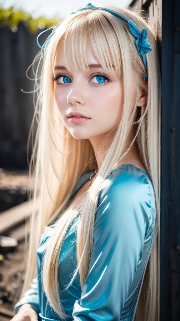 Best Quality、 super high definition、photograph、A stunning blonde beauty、かわいい女の子のphotograph、 detailed cute and beautiful face 、( Pure Eros Face_v1:0.008)、 Alice in Wonderland、、White, shiny skin、bangs、目と目の間のbangs、顔にかかるbangs、Platinum blonde super long straight silky hair、Thin Hair、Beautiful big blue eyes、White Apron、 blue dress、 no makeup in the coal mine、very perfect and beautiful cute big clear super bright vibrant pastel mint ice green eyes、so dazzlingly white so bright vivid iris 。Very big eyes、round face、Small Face Beauty、