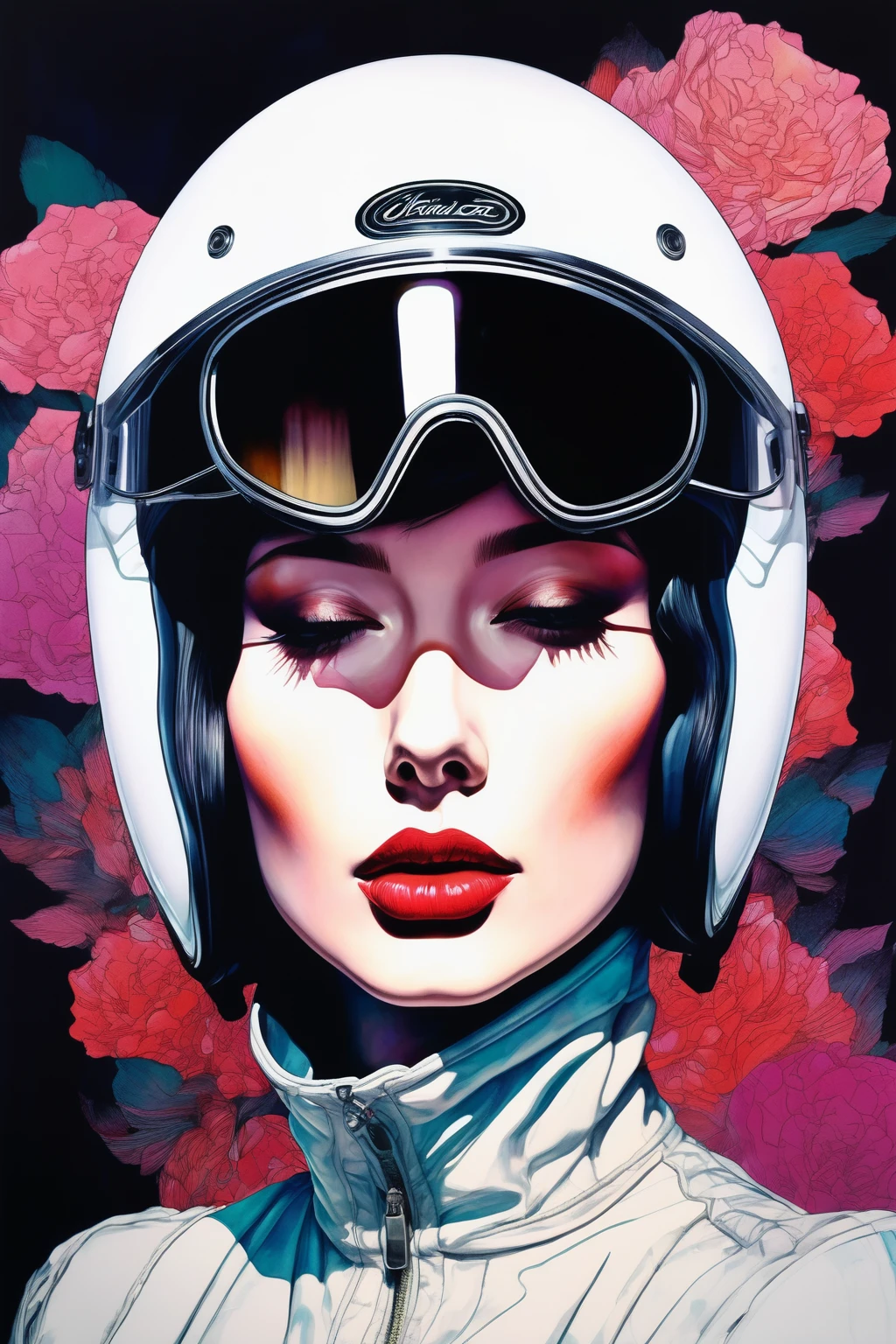 chiaroscuro technique on sensual illustration of an elegant woman, vintage , eerie, matte painting, by Hannah Dale, by Harumi Hironaka, extremely soft colors, vibrant, highly detailed, digital artwork, high contrast, dramatic, refined, tonal, revealing underlayers, abstract landscape wearing an enduro helmet with bright colors
