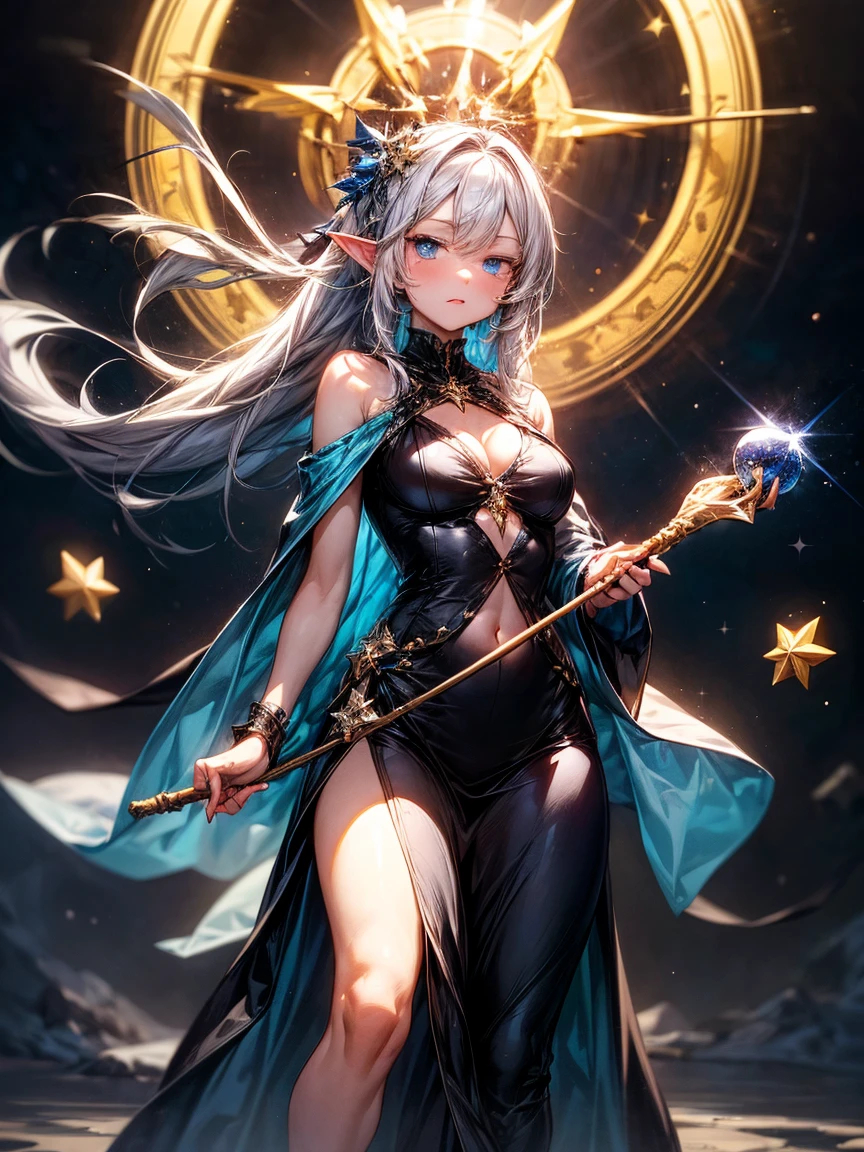 Masterpiece, Best quality, Extremely detailed CG, Beautiful detailed eyes, Ultra-detailed, Intricate details:1.2), 8K wallpaper, elaborate features,
(1girll, Solo:1.4),  Long hair, Striped hair, elf,Halo,  view the viewer,  Blue eyes, earring,   Panties, ankle bracelets,  Large breasts, Arcane, necklace,the wall, 
 Blue Flame, feater, Bird,Magic surrounds,wands, Magic Ball, book,The pages of the book flew all over the sky,Magical Circle,incantation, Night, Dark，Close the heels：1.9，full-body portraits