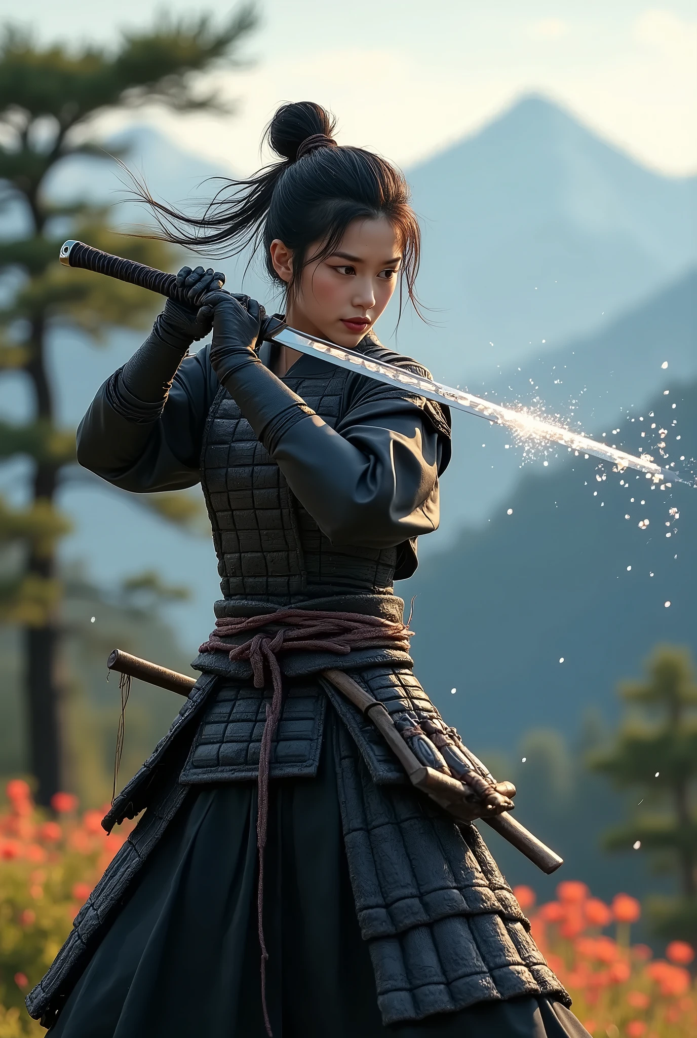 high quality photo: (Samurai girl,in Japanese armor, slashes with sword(katana, Japanese samurai sword) at drop of water ,)blade cuts it in two, parts of the drop fly in all directions,sun rays sparkle on them, on mountain clearing, against the background of Japanese mountains,photoreliance , beautiful nature,flowers,crooked mountain pines,Focus on a drop of water ,