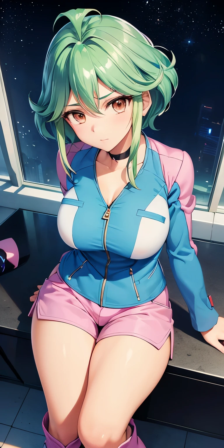 1 Female,High definition,high resolution,Ultra-realistic,8K, yu-gi-oh! arc-v, rin_arc_v, 1girl, solo, (large breasts, medium breasts:1.2), (wide hips:1.2), (blue jacket, long sleeves:1.2), (pink shorts, short shorts:1.3), black choker, barefoot,large breasts,white boots,European,sexy,Upper body close-up,Photographed from the front,Dynamic Angles, medium tits ,(top view),(full body), green hair, spoken hearts 