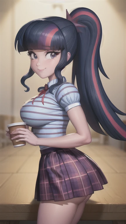 (masterpiece,  best quality :1.2),cowboy shot,Alone,1 ,[mlptwilight,smile,'s ass looking at the viewer , ponytail,cups,striped shirt,purple skirt, classroom,  dynamic lighting , very big boobs  