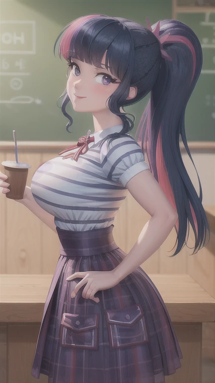 (masterpiece,  best quality :1.2),cowboy shot,Alone,1 ,[mlptwilight,smile,'s ass looking at the viewer , ponytail,cups,striped shirt,purple skirt, classroom,  dynamic lighting , very big boobs  