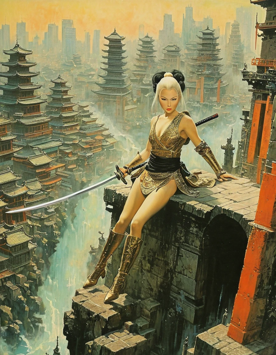 Kay Nielsen, Basil Gogos, Alberto Savinio, James Gurney, Surrealism, Japanese female warrior with Katana in dynamic action poses, set against an ancient old Tokyo city backdrop, pretty oil painting in the style of Leonor Fini