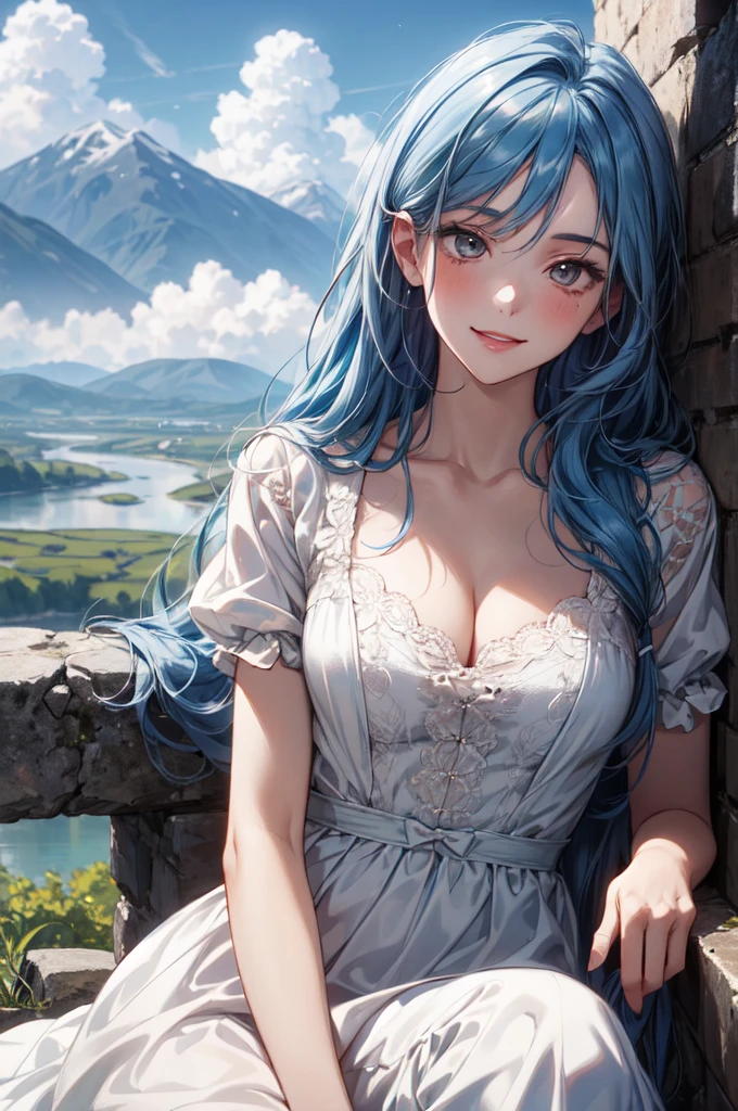 best quality, masterpiece, Ultra-high resolution, (realism: 1.4), original photo, 1 Girl, Green Eyes, Off-shoulder, Movie Lighting, Blue Hair, Sunset