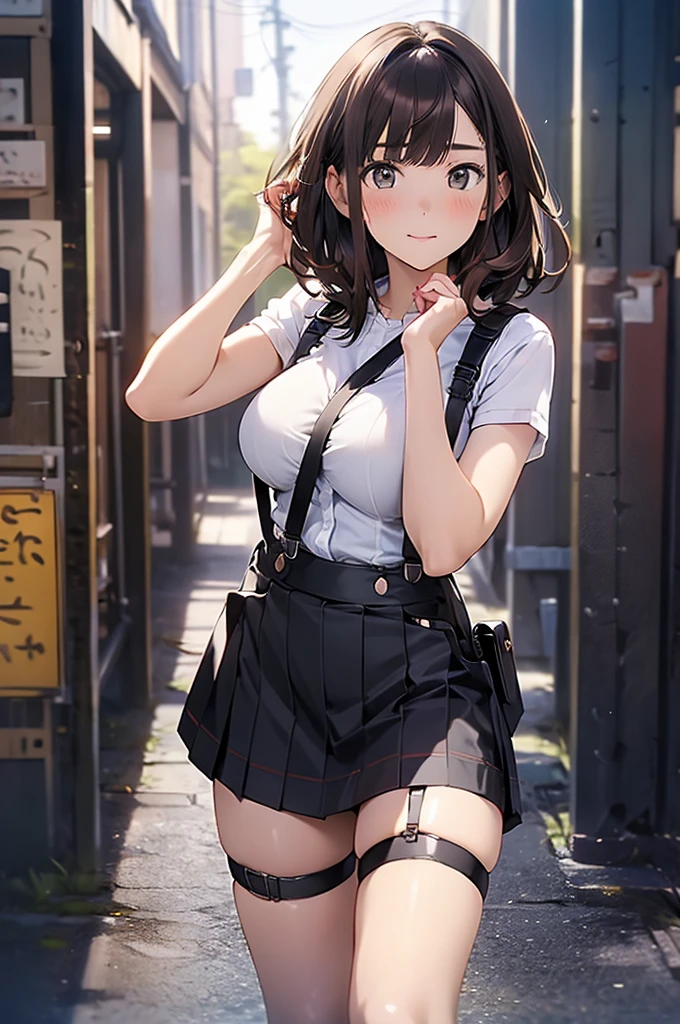 Brown hair、watching at viewers black suspenders bulging big tits walls: Black miniskirt garters Gaze a small face bangss holster Beautuful Women Hands up レッグholster ベッドに横たわる Gaze black boots panty shot Provocation flank flank汗 Soio arms are