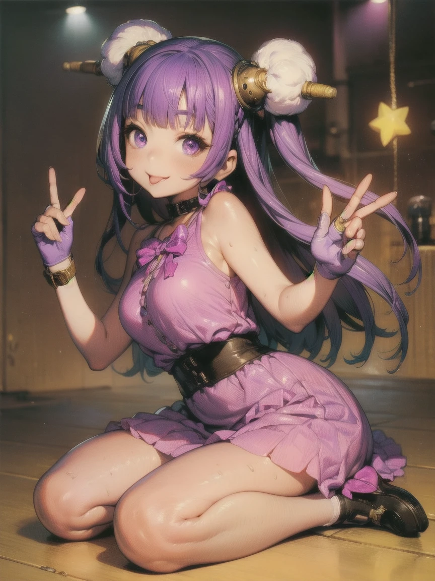 Hosono Ai , Gloves, tongue sticking out, tongue, Long Hair, star (symbol),  Watch Viewer , (Purple Hair: 1.2),  purple eyes,  upper body,  hair ornament , Raffle, pink shirt, smile,  sleeveless, shirt, Idol, symbol shaped pupil, 両 raises her hand, bangs,  One side up, star-shaped pupils, Raised arms, Dress snagging, Roaring 20s ,  isometric , the above, full body,  Rembrandt, Illustration,  Details,  Depth of Field ,  staring at the viewer ,   peace sign,  raises her hand, tongue out, Best Quality,  high resolution on down.