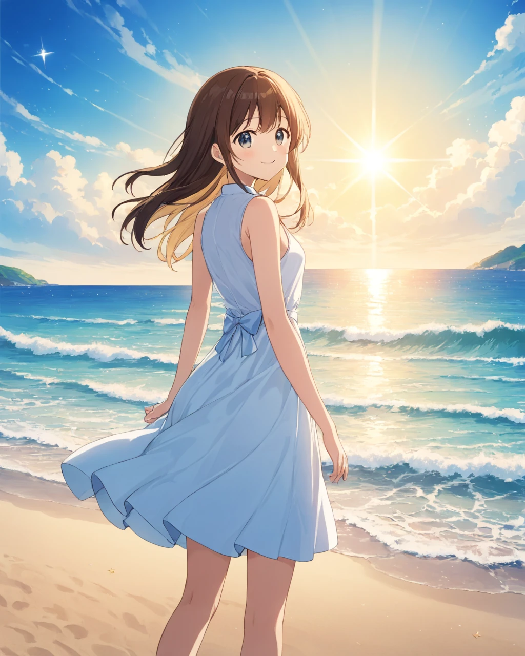 Love Hoshino, 1 girl, Alone, white_ dress,  staring _in_ viewer,  beach , Outdoor,  ocean, smile,  staring _return, day,  sleeveless_ dress, sun dress, skirt_hold, from_Behind, null, Wave, cloud, Standing in a star shape_student,Symbol type_student,. nice, key visual , Vibrant,  ornament on racco ,Awards, professional,  very detailed on playground equipment,High budget,  studio anime 、naked、全naked