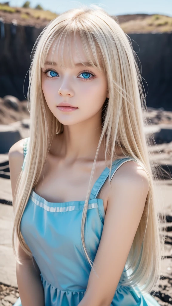 Best Quality、 super high definition、photograph、A stunning blonde beauty、かわいい***のphotograph、 detailed cute and beautiful face 、( Pure Eros Face_v1:0.008)、 Alice in Wonderland、、White, shiny skin、bangs、目と目の間のbangs、顔にかかるbangs、Platinum blonde super long straight silky hair、Thin blonde、White Apron、 blue dress、 no makeup in the coal mine、 so perfect and beautiful cute big clear super bright vivid pastel mint ice green eyes、so dazzlingly whitish so bright vivid iris 。Very big eyes、round face、Small Face Beauty、