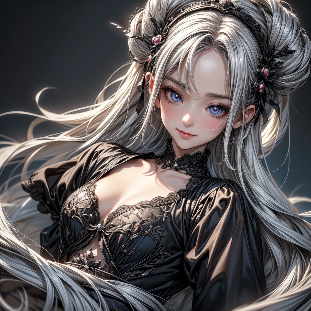 Absurd,anime,Detailed and beautiful eyes,(ArtStyle),（ドレス:1.5）,Silver　hair,(a girl:1.5),(small breasts:1.2),dark FANTASY,(look away:1.5),masterpiece, moe kawaii,64k,Overlooking, whole body,abstract,  decorative art,  Minimalist ,  seductive smile, Pensive,  inner color