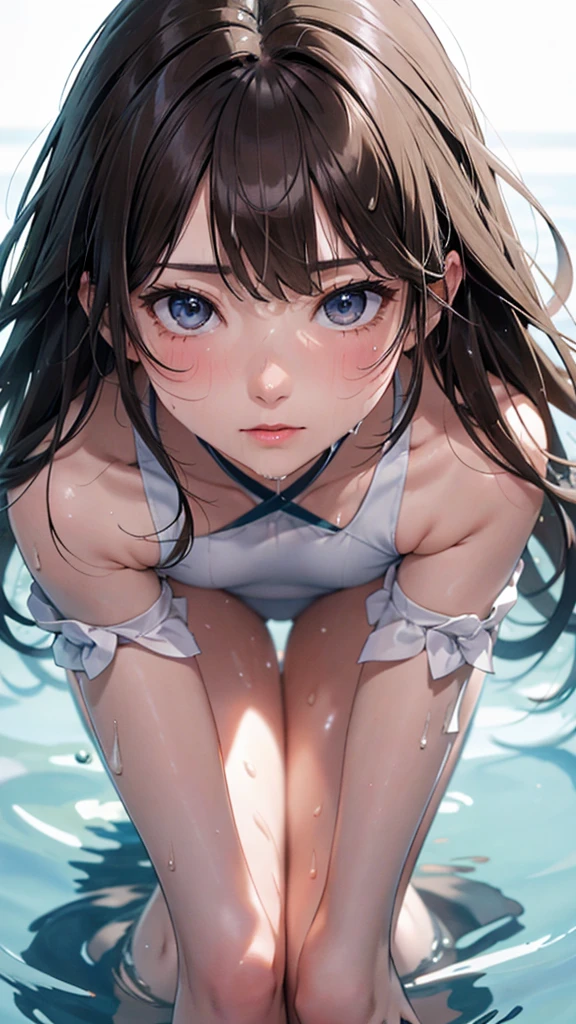 Schoolgirl, Brown Hair, Medium Hair, Sailor Suit, (Nude:1.4), Black Spats (See-Through Lingerie:1.3), Nipples (Blushed:1.0), Detailed Face, Roadside, POV crouching