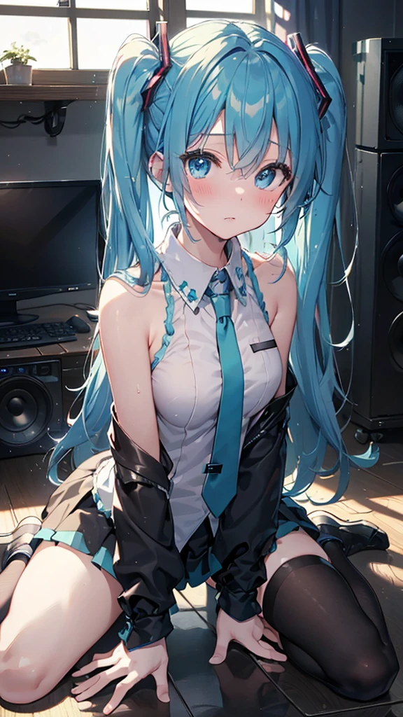 【Prompt】 (highest image quality), HD, super detailed picture, excellent aesthetics, (1 female), (white headphones + music: 1.2), hatsune miku, full body, (shabby wind + qipao: 1.1 + half off: 1.4 + light and shadow: 1.2), (blur in the background + focus: 1.3 + hips: 1.1), in the room, sitting in front of a white computer, 4k, white over-the-knee socks