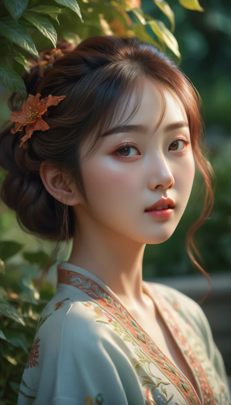 a beautiful korean girl, detailed face, beautiful eyes, long eyelashes, detailed lips, intricate hairstyle, graceful pose, elegant clothing, serene expression, outdoor garden setting, lush foliage, warm lighting, vibrant colors, detailed textures, (best quality,4k,8k,highres,masterpiece:1.2),ultra-detailed,(realistic,photorealistic,photo-realistic:1.37),vibrant colors,cinematic lighting