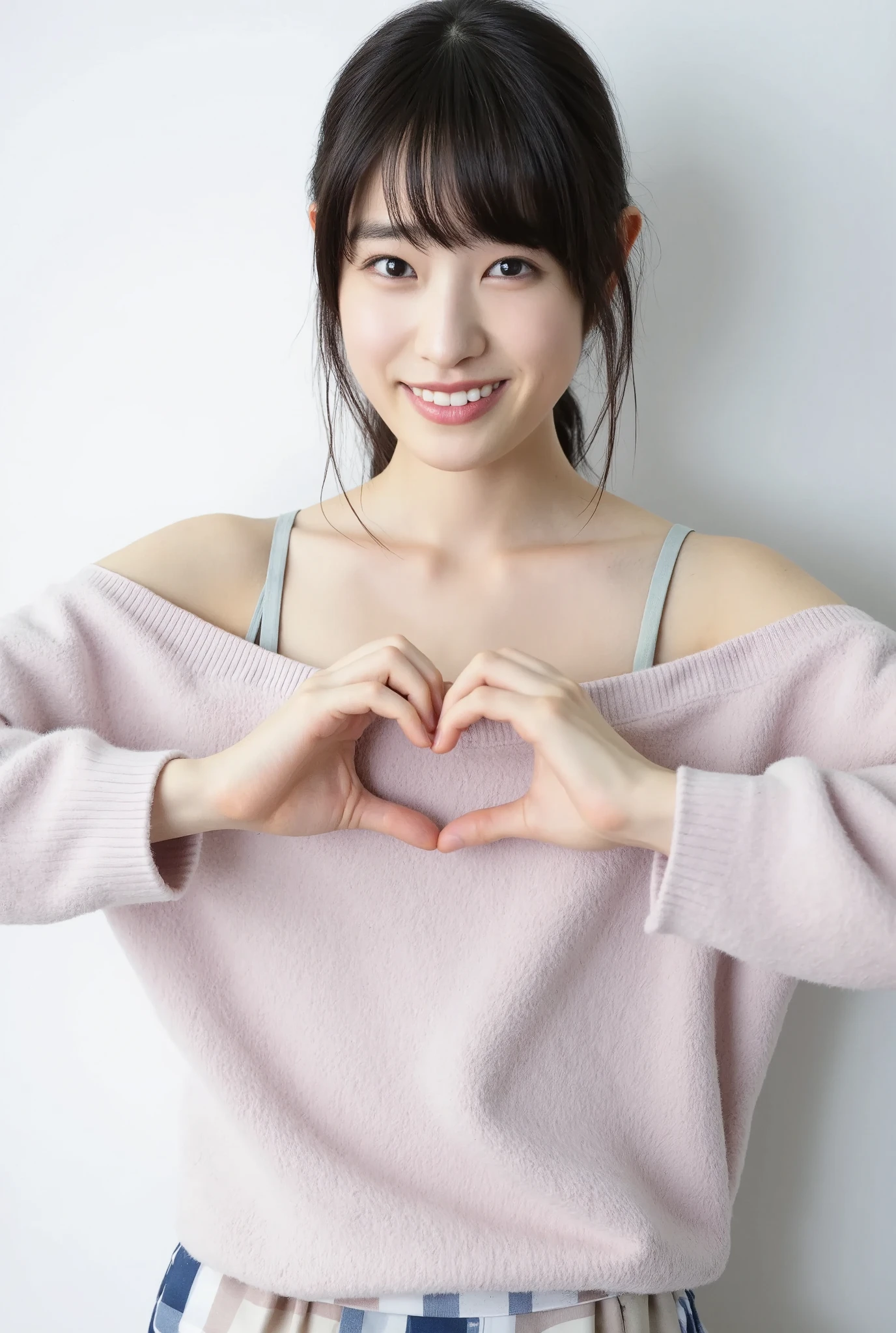 Only one woman with a cute smile wears cute, fluffy off-shoulder pajamas, makes a big heart shape with both hands, and poses them in front of her chest, View above collarbone、The background is a monotone 

