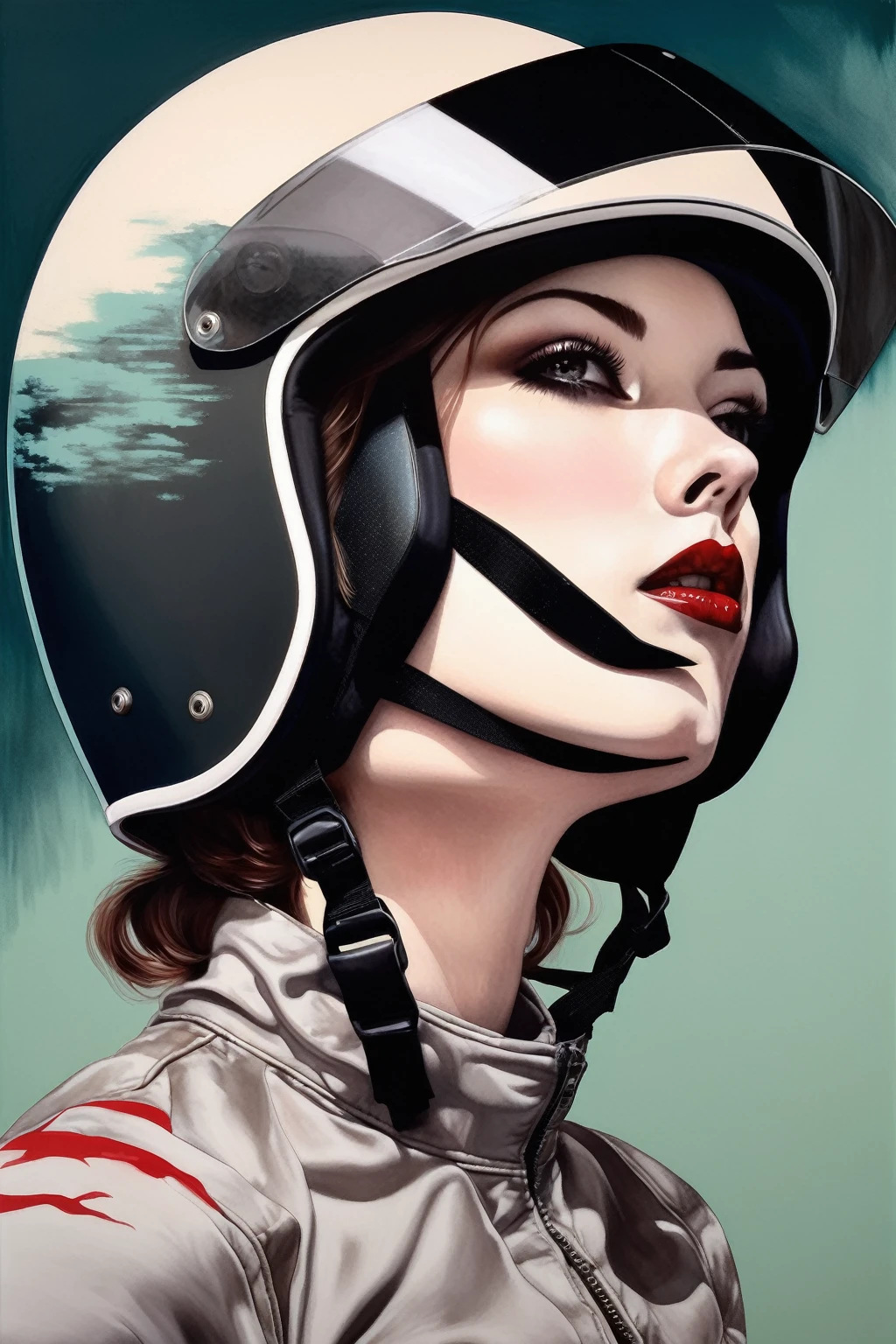 chiaroscuro technique on sensual illustration of a woman, vintage , eerie, matte painting, by Hannah Dale, by Harumi Hironaka,motocross helmet 
