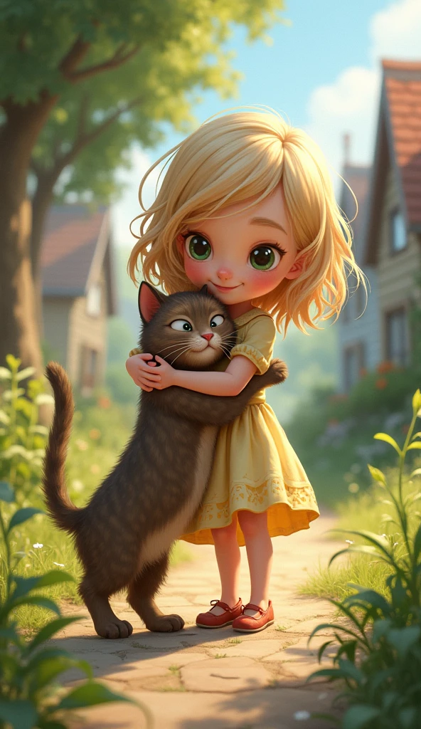 A blonde teenager with light brown eyes tightly hugging a kitten, in the background of the image there are books, globes, television and mess, she was in a room dressed in a corsa case and tight black pants, Disney Pixar style.