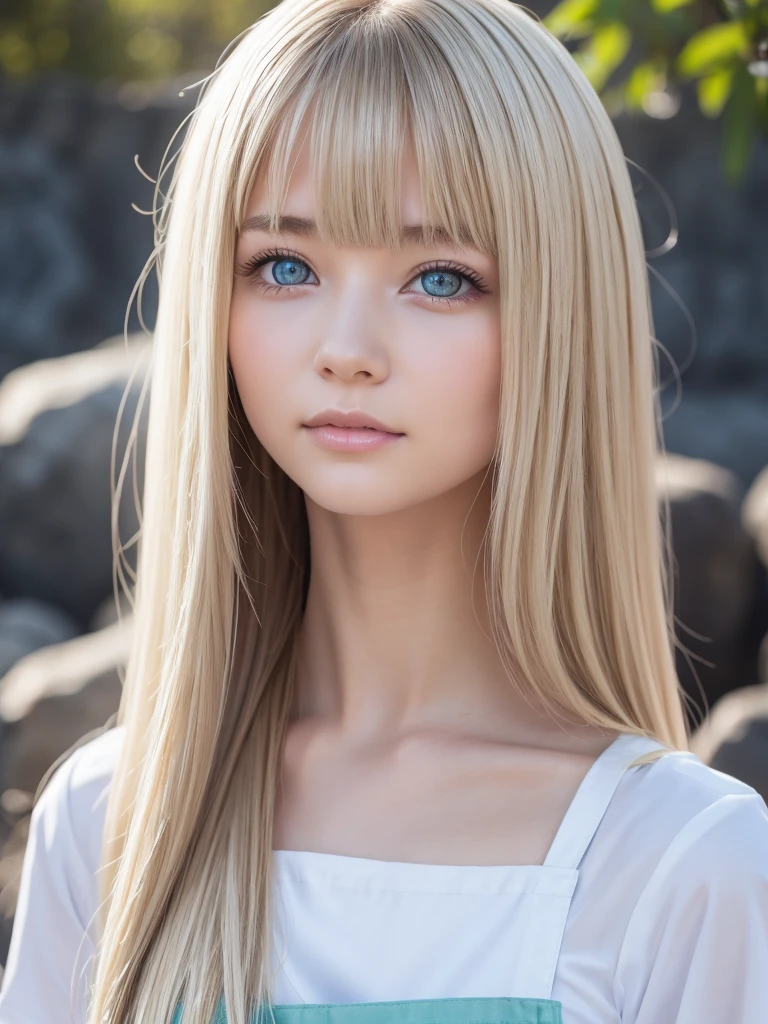 Best Quality、 super high definition、photograph、A beautiful blonde with a very white complexion、かわいい女の子のphotograph、 detailed cute and beautiful face 、( Pure Eros Face_v1:0.008)、 Alice in Wonderland、、White, shiny skin、bangs、目と目の間のbangs、顔にかかるbangs、Platinum blonde super long straight silky hair、Thin blonde、White Apron、 blue dress、 no makeup in the coal mine、very perfect and beautiful cute big clear super bright vibrant pastel mint ice green eyes、so dazzlingly whitish so bright vivid iris 。Very big eyes、round face、Small Face Beauty、