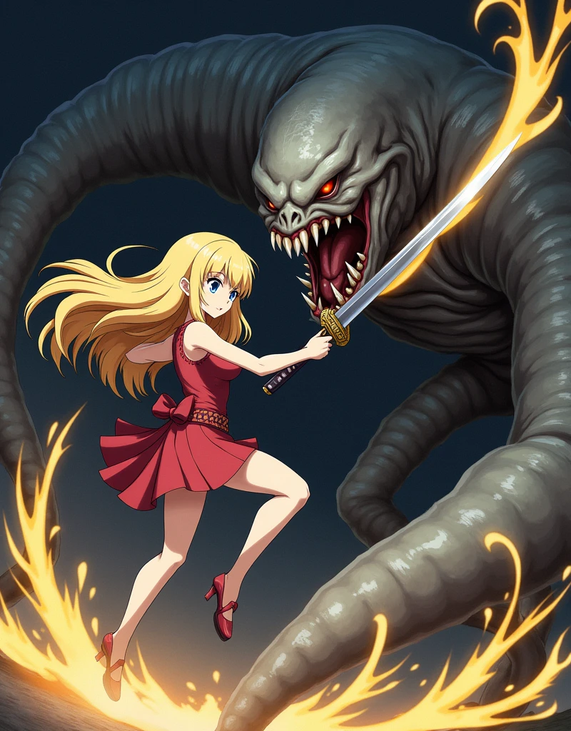  looks from front and side : Anime style girl,  with big breasts with long blond flowing hair , , jumping strongly, cuts the scary tentacle monster in half with a Samui katana ( the monster right in front of her ,looks at the monster ), a yellow-gray monster squirts to the sides ,Maximum Details,beautiful girl,Pnime style,